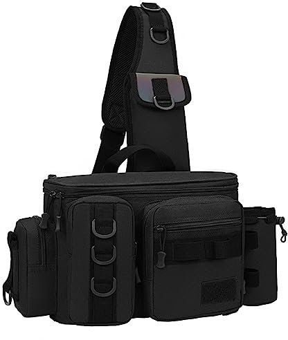 Mehrzweck Angeln Tasche mit Rutenhalter, Angeltasche Umhängetasche Angelrucksack für Angelrolle Köder Gerät, Schwarz