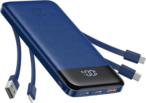 charmast 20000mAh Portable Charger with Built in Cables, 22.5W Travel Power Bank Fast Charging, USB C Cell Phone Battery Pack for iPhone 16/15/14/13/12/11 Series, iPad, Samsung, Android, Tablet