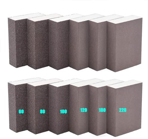 Ylinwtech 12 Pezzi Spugna Abrasiva, Set Di Blocchi Abrasivi Per Legno,Grane Spugna Abrasiva,Specifiche Della Grana 60/80/100/120/180/220 Per Legno, Artigianato, Cartongesso, Metallo, Ceramica
