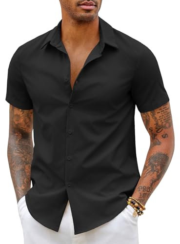 COOFANDY Herren Hemd Kurzarm Bügelfrei Businesshemd Herrenhemd Kurzarm Sommerhemd Freizeithemd Kurzarmhemd Einfarbig Button Down Hemd Slim Fit Schwarz M