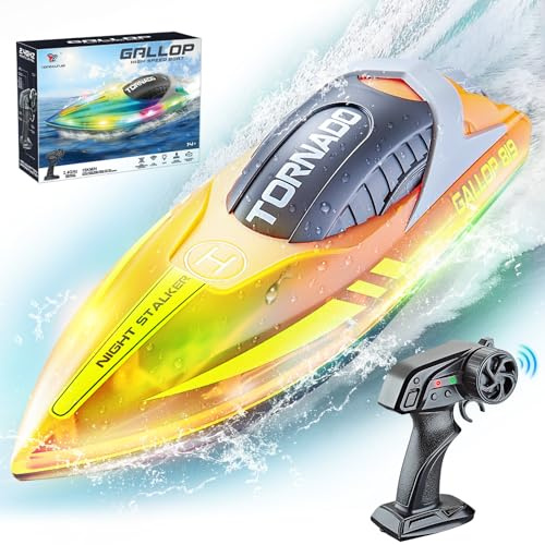 JONRRYIN Bateau Télécommandé, Bateau Telecommandé Enfant pour Piscines et Lacs, 2,4 GHz RC Bateaux de Course avec Lumières LED et Alarme de Batterie Faible pour Enfants et Adultes (Jaune)