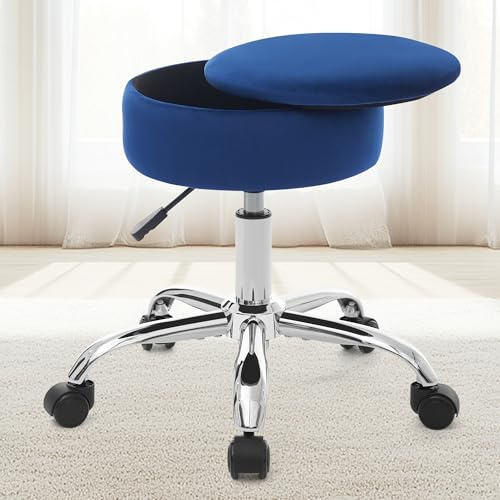 RUCUKEN Adjustable Vanity Stool with Storage Rolling Vanity Chair with Wheels Swivel Vanity Stool Chair for Vanity Makeup Stool Blue