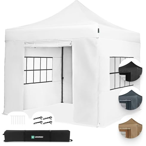 VONROC Gazebo Easy-Up 3 x 3 m - vattentätt trädgårdstält, UV-skydd 50+, stålram, väska med hjul - modulär med sidoväggar - vit