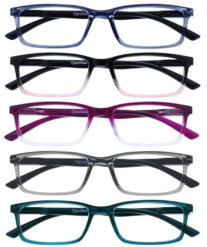 OPULIZE SEE Lunette loupe homme et femme, Lunettes de lecture avec filtre anti lumière bleue, Anti-éblouissement, UV400, Cadre rectangulaire léger, Lot de 5 Bleu Rose Violet Gris Turquoise +3,50