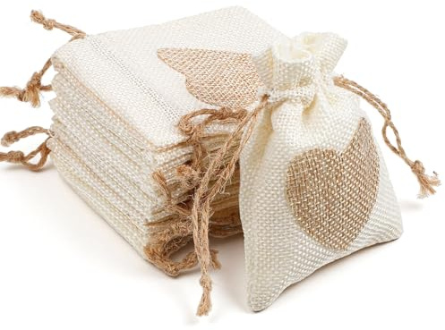 DOPENSPI 14 stycken jutepåsar, små påsar att fylla 8 × 10 cm tygpåse, jutesäckar med dragsko, presentpåse med hjärta, linnepåse, tygpåsar för bröllop, jul, fest (vit)
