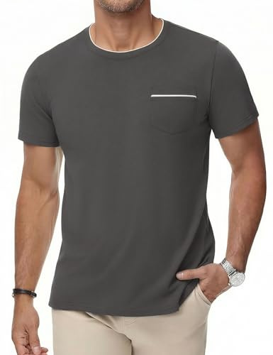 iClosam Herren T Shirt mit Brusttasche Baumwolle Tshirt Herren Bequem Männer t-Shirt Kurzarm Mens Basic Top für den Alltag,Grau,3XL