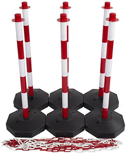 (6 Pack) Red & White Plastic Chain Post Set Demarcation Safety Chain Barrier Post Pole with Base and 15mtr Plastic Chain