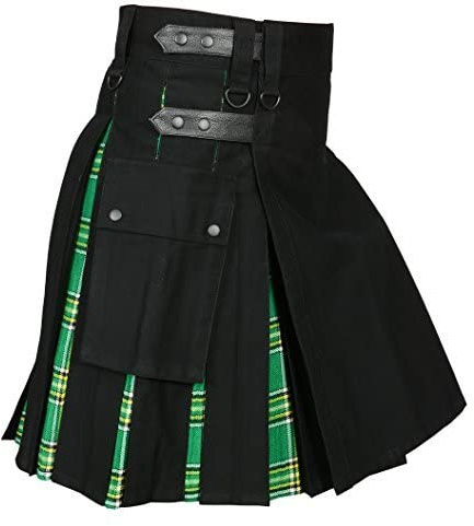 Men ' s Hybrid Utility Kilt Black & Irish Tartan (Belly Button 42)