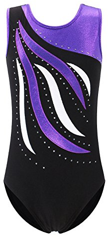 XFGIRLS Body da ginnastica per ragazze, senza maniche, scintillante, per ginnastica, danza, balletto, 3–14 anni, nero / viola, 11-12 Jahre