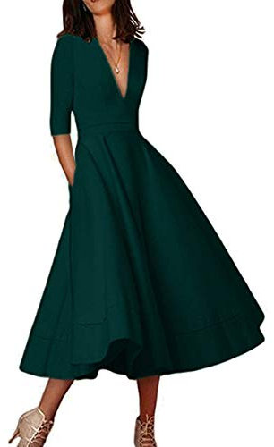 Yming Frauen Midikleid Tief V Ausschnitt Halber Ärmel A-Linie Swing Festliches Partykleid Cocktailkleid Abendmode Grün XL DE 42 44
