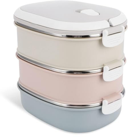 Cyrank Porta Pranzo Acciaio Inox,Contenitori per Pranzo Bento Box a 3 Strati,Porta Pranzo da Ufficio Termico,Lunch Box Acciaio Inox,Scatole Bento con Tre Strati Separato Lunchbox,Perdite Contenitore