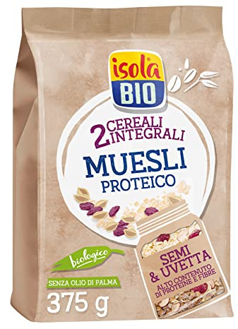 Isola Bio Muesli Proteico Biologico con Semi e Uvetta, Ricco di Fibre e Proteine, 100% Ingredienti Naturali, Senza Zuccheri Aggiunti, per Vegani e Vegetariani, Formato 375 gr