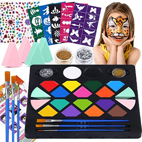 BOBISUKA Ensemble de maquillage pour enfants : 16 couleurs activées par l'eau, pinceaux, éponges, paillettes, pierres précieuses, instructions, pochoirs, maquillage pour enfants pour Halloween
