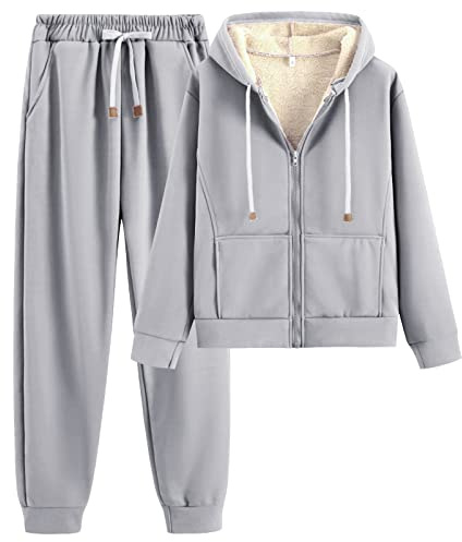 amropi Survêtement Femme Ensemble doublée de Fourrure Manteau Sweat à Capuche Jogging Tenue de Sport (Gris,L)