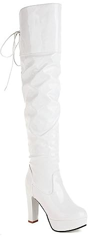 WOkismD Plate-Forme pour Femmes sur Les Bottes au Genou Bout Rond Gros Talons Blocs Bottes Longues avec Lacets à l'arrière en Cuir Verni à Talons Cuissardes,Blanc,43