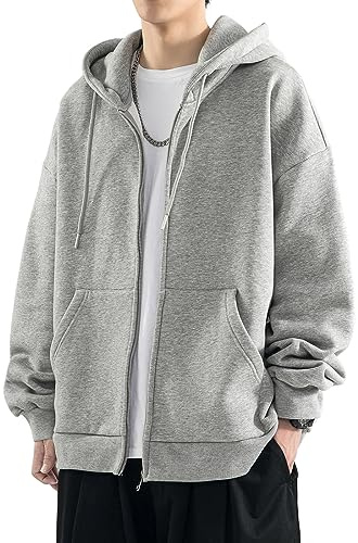 OLIPHEE Herren Hoodie Einfarbig Kapuzenpullover Fashion Full Zipper Oberteile mit Taschen (L,Hellgrau)