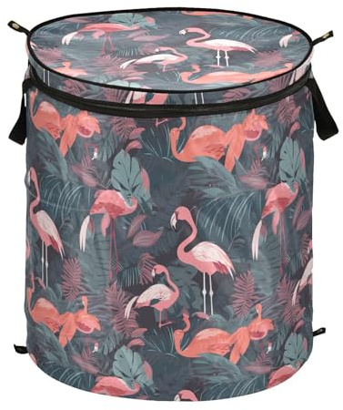 Pink and Green Flamingo Illustration Laundry Basket Medium Foldable Storage Baskets Folding Canvas Hamper With Lids for Shelf Shoe Sheet Blanket