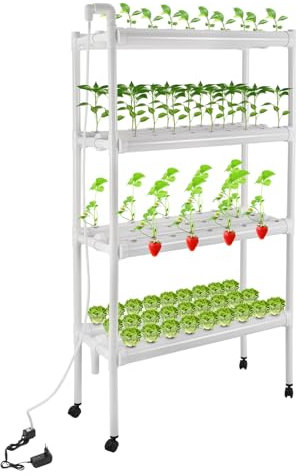 Kit de cultivo hidropónico móvil de 4 capas, sistema de cultivo hidropónico con 108 espacios para plantas, PVCU, temporizador de bomba, para cultivo de ensaladas, colza, fresas, tomates, pimientos y
