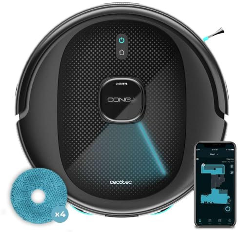 Cecotec Robot Aspirador Conga 9590 Spin Revolution Ultra Power Navegación Láser Inteligente, 10.000 Pa, Máx 240 min autonomía, Mopas giratorias. Cepillo de Silicona, Óptimo para Pelo de Mascotas
