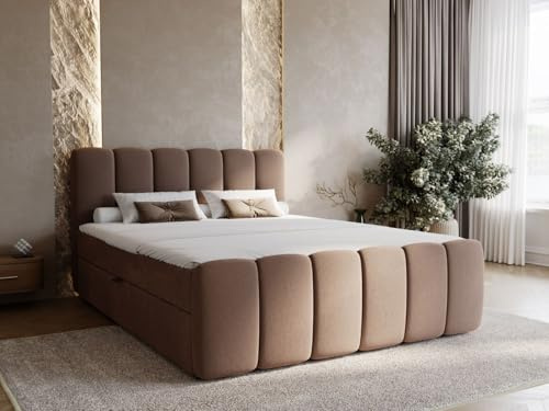 GRAINGOLD Cloud Lit 160x200, Boxspring avec Coffre de Rangement, Rembourré avec Matelas à Ressorts Bonell, Lit Double, Tissu en Velours, avec Surmatelas, avec Tête de Lit (Marron, 160x200)