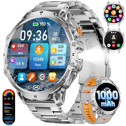 BENYAR SMART Smartwatch för män, 4,85 cm stor skärm med Bluetooth-samtal, 1 000 mAh batteri 110 + sportlägen LED ficklampa stegräknare, 2 remmar smartwatch för män för Android iOS, silver
