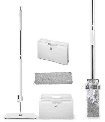 Swan Elevate Self-Wringing Flat Mop and Space Saving Folding Bucket Set, Built-In Wringing System, Ridged Microfibre Pad, White SWFC2012WHTN