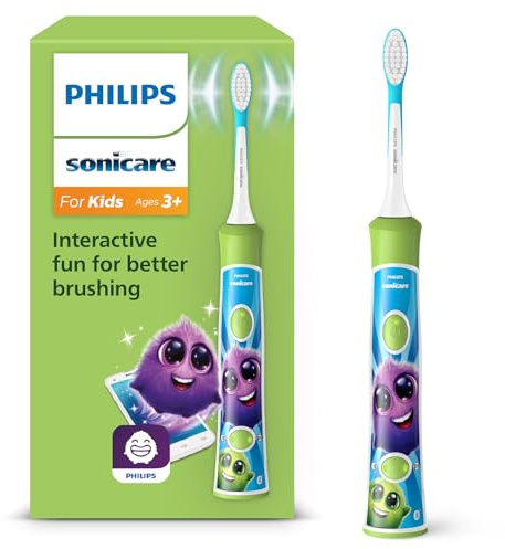Philips Sonicare For Kids, cepillo de dientes eléctrico sónico con app, para niños de +3 años, con SmarTimer y QuadPacer para una limpieza completa, color verde, modelo HX6352/11