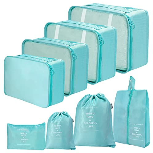 Set Organizer Valigie Viaggio 8 Pezzi, Cubi di Imballaggio Impermeabili, Organizer Valigia per Vestiti Scarpe Cosmetici Intimo, Borse da Viaggio Azzurro