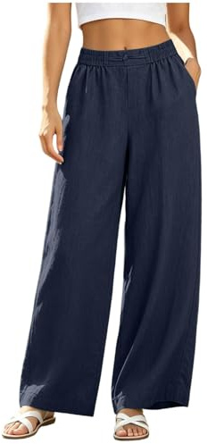 Pantalon Mujer Pantalones De Lino Mujer Pantalones Capri Pantalón De Pierna Ancha para Algodón Y Lino Cintura Alta Recto Verano Cómodo Pantalón Largos con Bolsillos Calzones Running