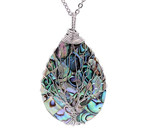 sedmart Wire Wrapped Abalone Teardrop Necklace - Handmade Silver Abalone Shell Water Drop Tree of Life Pendent Jewelry for Women
