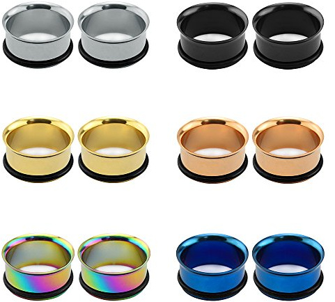ZeSen Jewelry 6 paires chirurgical tunnels lumineux en acier inoxydable simple chair Bouchons Jauges d'oreille en silicone joints toriques (2) Jauge = 11/16 (18 mm) Noir