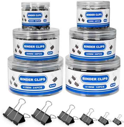 BainGesk 210 PCS Binder Clips Paper Clamps Assorted Sizes, Metal Paper Binder Clips, Black Binding Paperwork Clamp Bulk, 6 Sizes in 6 Boxes, School, Office Supplies