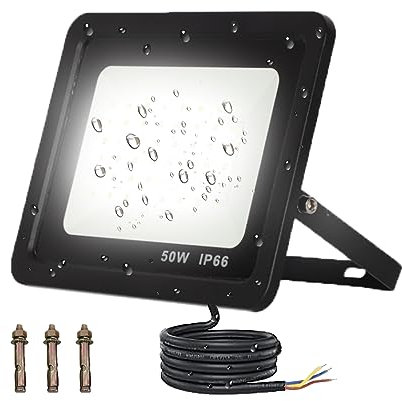 50W 5000 Lumen Focos LED Exterior, 72LED foco led exterior, Color Luz fría (6000k), foco exterior led De uso para jardín, patios, parking, hotel, Con cable de 1,5 metros y 3 tornillos de instalación
