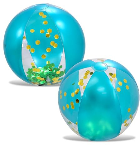 POZA Inflatable Beach Balls for Pool - Elegant Glitter Beach Balls for Kids, Teens, and Adults, Heavy Duty Inflatable Beach Ball Set of 2, Pool Balls for Beach Party Decoration - Blue Gold, 16 Inches