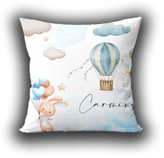 Coniglietto Cuscino Personalizzato con nome bimbo Idea Regalo Natale Compleanno Mongolfiera Bambini Bambina Festa Originale Collezione Decorazioni Casa Divano Letto Colorato Stampa Personalizzata