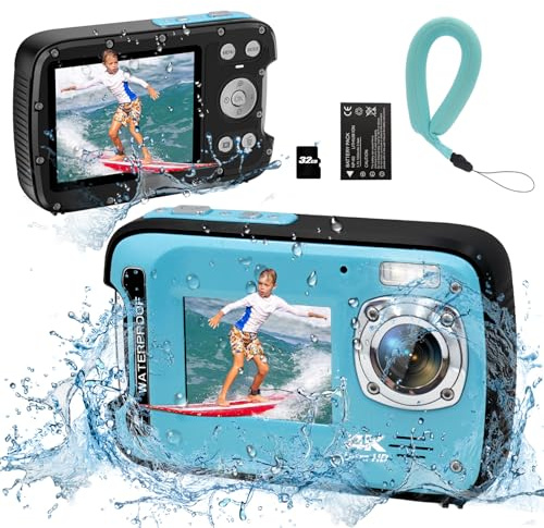 YEEIN undervattenskamera 4K 48 MP autofokus selfie dubbel skärm vattentät kamera med flytande rem och 32 GB kort, 17 FT kompakt vattentät digitalkamera, fyllning undervattenskamera för snorkling