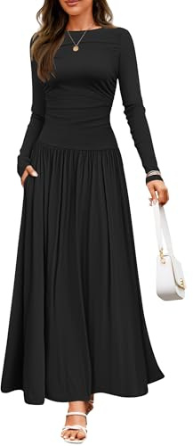 ZESICA Maxi Abito da Donna a Maniche Lunghe Autunno 2025 Girocollo in Maglia Casual Slim Swing Abiti plissettati con Tasche, Nero, L