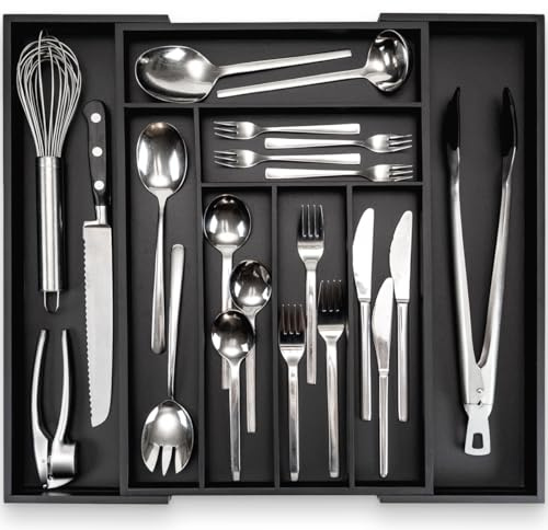 budu Cutlery Tray #45 (Depth 45 cm) Made of Bamboo - Black - Drawer Organiser System for the Kitchen - Cutlery Tray for Bamboo Drawers - Extendable - Kitchen Drawer Organiser