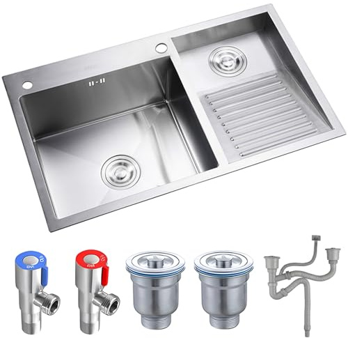 Silver tvättställ med dräneringssatser, rostfritt stål tvättställ för tvättstuga, 22cm djup dubbel skål tvättställ badkar tvättställ med integrerad tvättställ(Silver-A,80x48x21.6cm)