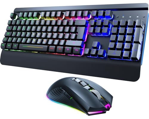 RisoPhy Gaming Tastatur Maus Set Kabellos, QWERTZ, Metallplatte, 7 Farben Beleuchtet, Wiederaufladbarer 3200 mAh Akku, Schlafmodus, Licht auf Tastatur + 7D 3200DPI Gaming Maus für PC Gamer