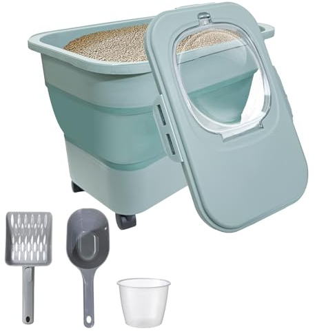 Conteneur de rangement pliable pour litière pour chat avec roulettes - 9 kg - Couvercles hermétiques - Pelle à litière pour chat - Portable - Sans BPA - Vert