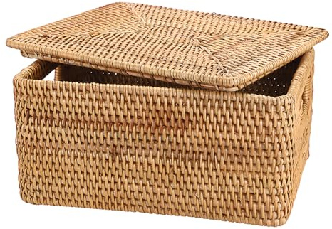 SUMTree panier de rangement en rotin panier avec couvercle boîte décorative organisateur avec poignées pour étagère, placard de cuisine, bureau (33x25x16cm)