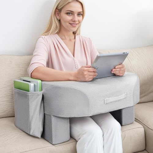 ​​Coussin de Lecture Velours - Coussin Ergonomique Réglable pour Bras/Épaules ​​Pour Lit/Canapé/Bureau​​, Mousse Mémoire Respirante, Portable avec Poignée, Jeux/Travail/Lecture​/Tricoter, Gris