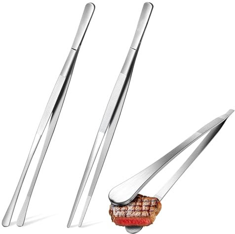2 pinzette da cucina in acciaio inox, professionali, 16 cm, pinzette rotonde e punte per carne, barbecue e preparazione, pinze durevoli per cucina, pinzette per carne in acciaio inox