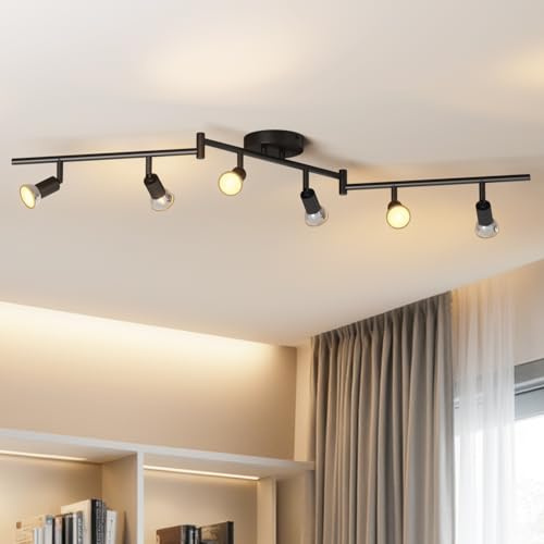 LVWIT LED-taklampa, 6 spotlights, roterande inomhusarmaturer svart frostad, GU10 spotlight tak ljuskrona vardagsrum, metallramp (utan glödlampa)