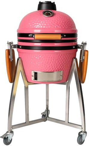 Kamado grill japansk keramisk grill - Ø40 cm - fällbara sidobord - hjul - träkol - inbyggd termometer - trähandtag - rosa färg - idealisk trädgård, camping