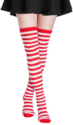 Alaoo Calcetines Hasta la Rodilla para Mujer, Calcetines Altos a Rayas, Casual Sobre la Rodilla Medias Altas de Muslo para Uso Diario, Cosplay,Rayas Rojas Blancas