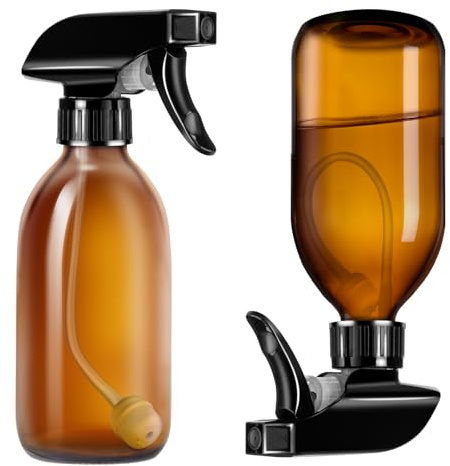 Tecohouse Amber Glass Spray Bottles 8oz, 2 Pack 360° Water Spray Bottle for Cleaning Upside Down Spray Bottles Mister Squirt Bottle with Adjustable Nozzle for Hair, Plant, Pet