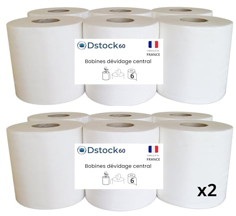 DSTOCK60 - Bobines Essuie-Mains à Dévidage Central – Papier 2 Plis – 450 Feuilles 20x20 cm – Ø17cm – Mandrin Prédécoupé 6,5cm – Rouleau Hauteur 20cm (x2 pack de 6 rouleaux = 12 rouleaux)