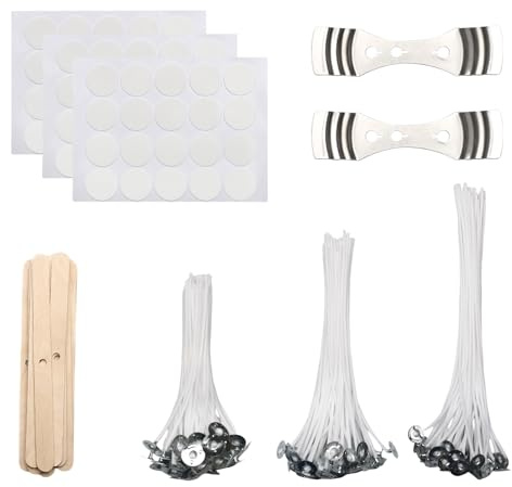 Kit de Mechas para Velas – 150 Mechas de Algodón (10/15/20 cm) con Adhesivos Soportes de Madera y Metálicos Ideal para Hacer Velas Caseras y Candelabros